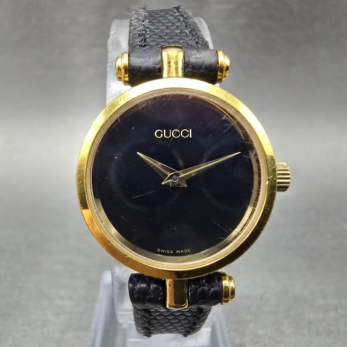 Gucci 2000L Watch Women 22mm Black Dial Gold Plated Round New Battery VTG NER0