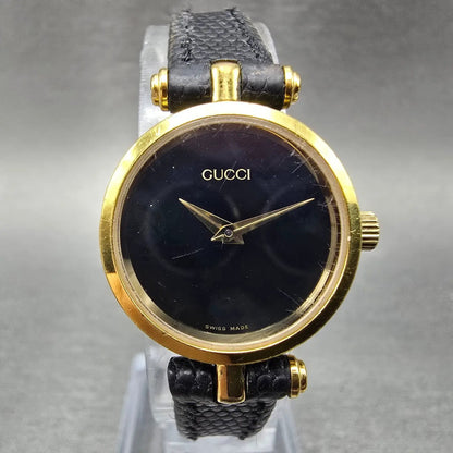 Gucci 2000L Watch Women 22mm Black Dial Gold Plated Round New Battery VTG NER0