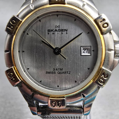 Skagen Denmark Watch Women 26mm Silver Dial Two Tone Date Round 63SGSS New Batt1