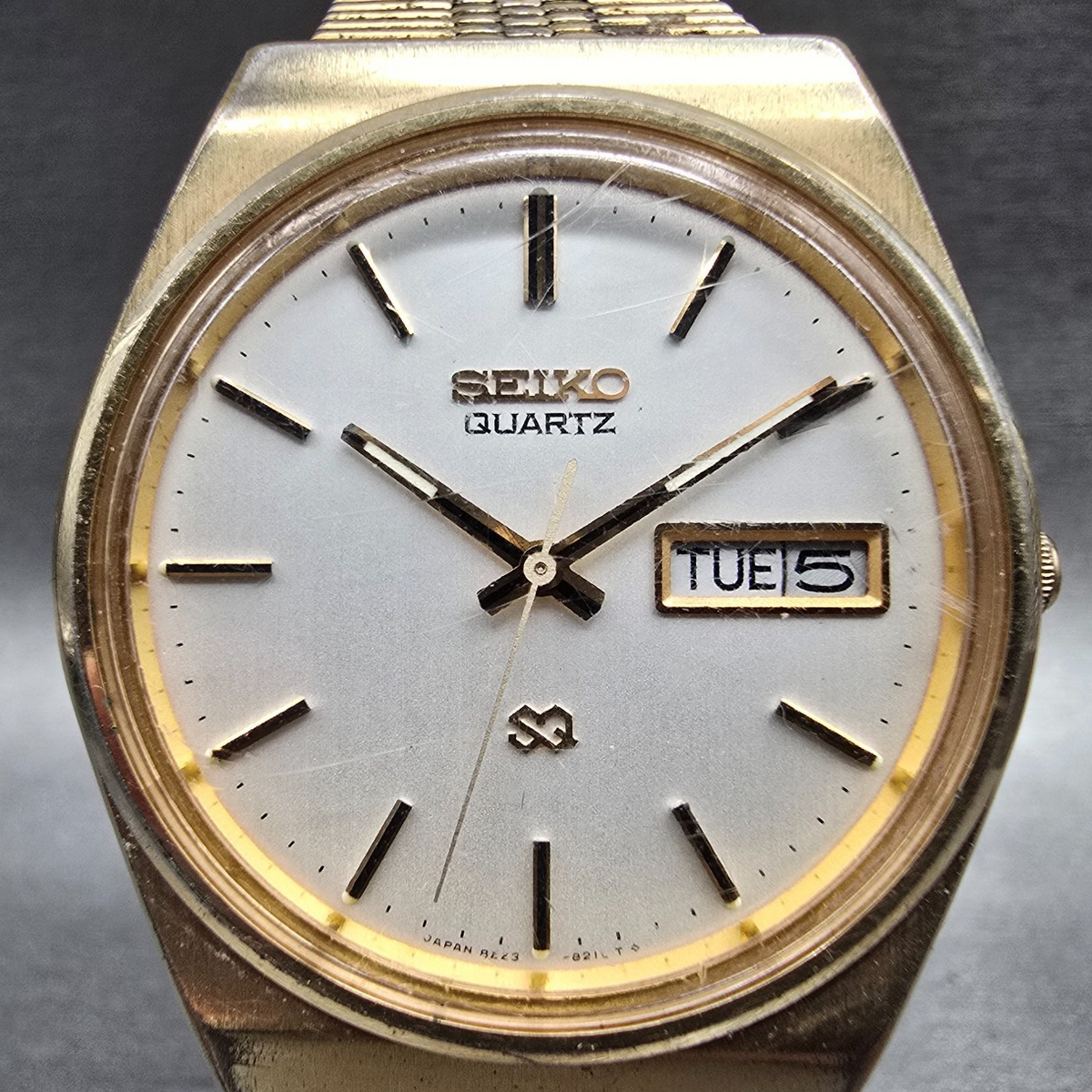 Seiko SQ Watch Men35mm Silver Dial Gold Daydate Round 8223-8029 New Battery JP41