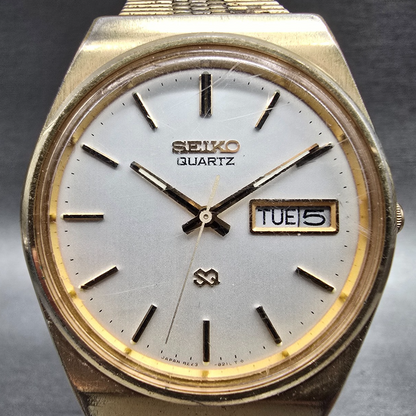 Seiko SQ Watch Men35mm Silver Dial Gold Daydate Round 8223-8029 New Battery JP41