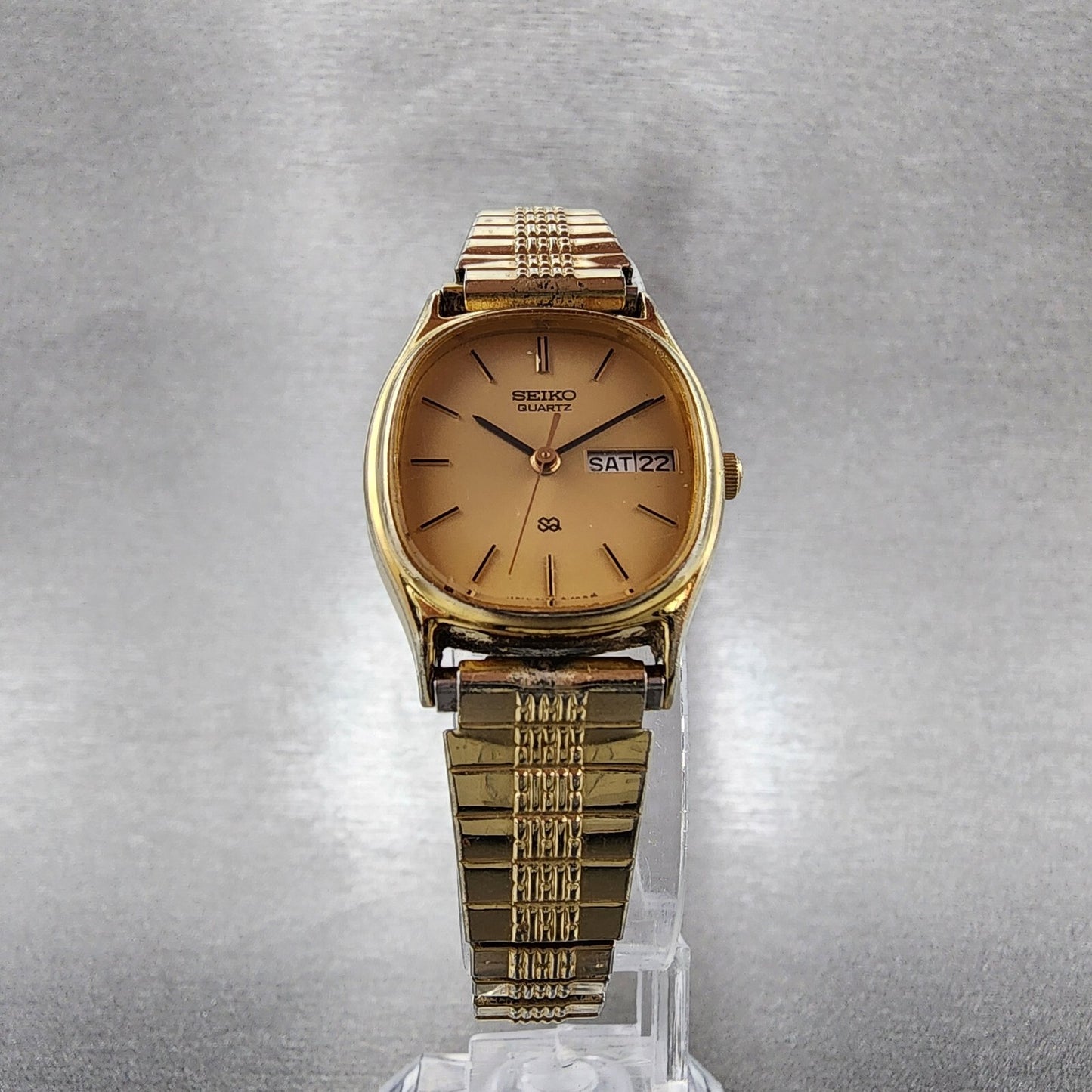 VTG Seiko SQ Watch Women 22mm Gold Dial Gold Tone Daydate Oval 34235040 NewBatt5