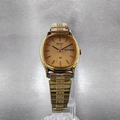 VTG Seiko SQ Watch Women 22mm Gold Dial Gold Tone Daydate Oval 34235040 NewBatt5