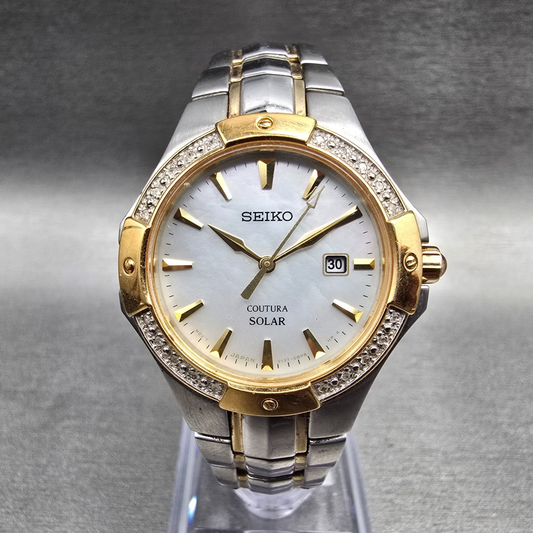 Seiko Coutura Solar Watch Women 30mm White Dial Two Tone Date V137-0AT0 New Batt0