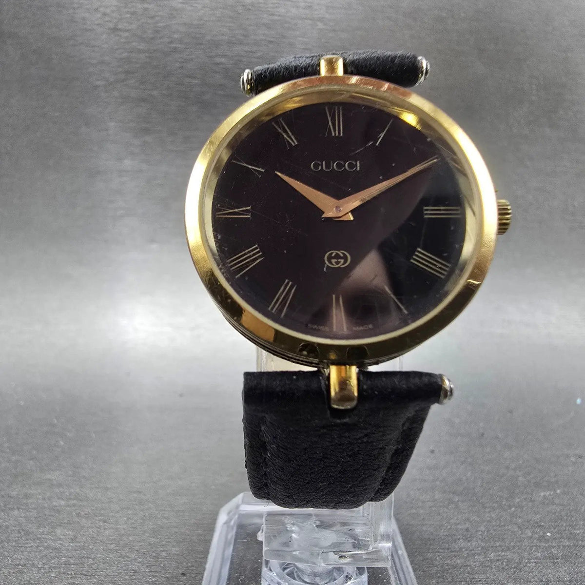 Gucci 2000M Watch Men 30mm Black Dial Gold Plated Leather Round New Battery VTGp5