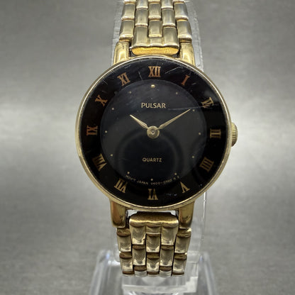 Seiko Pulsar Watch Women 22mm Black Dial Gold Tone Round V4000270 New Battery0