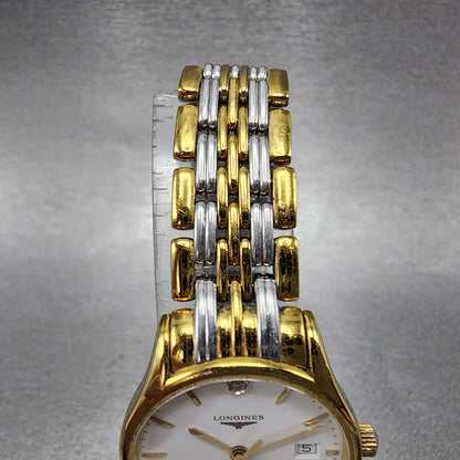 Longines Watch Women 25mm White Dial Gold Tone Date Round l4.59.2 New Battery