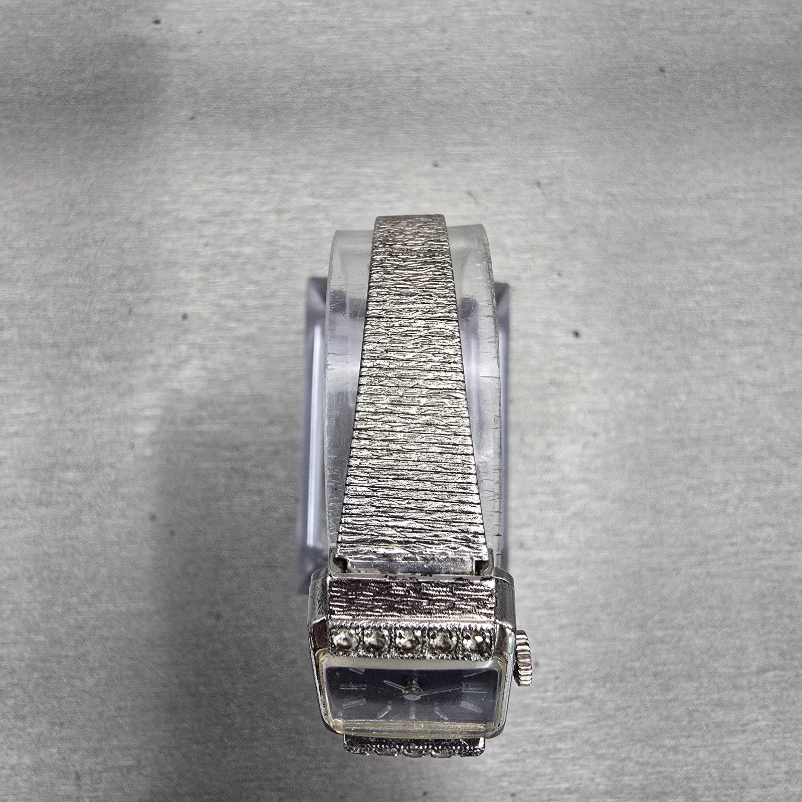 Seiko Watch Women 17mm Blue Dial Silver Tone Gemmed Rectangle 21-3141 Works VTG4