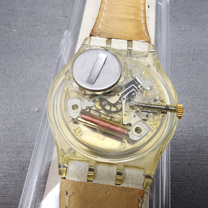 Swatch Cool Fred Watch Men 34mm White Dial Clear Case Round GK150 New Battery9