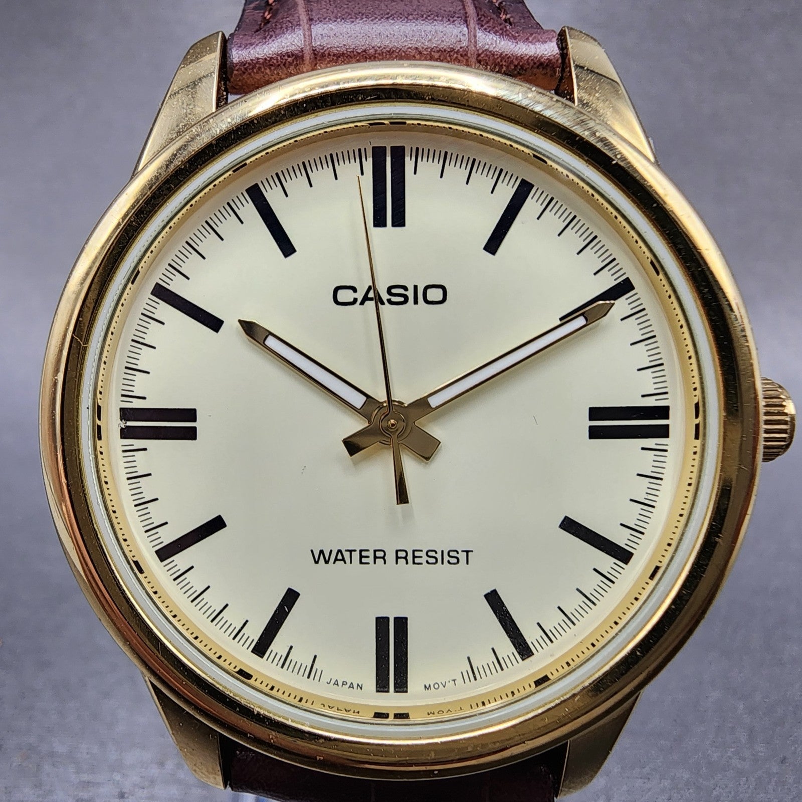 Casio MTPV005 Watch Men 40mm Cream Dial Gold Date Round Leather New Battery1