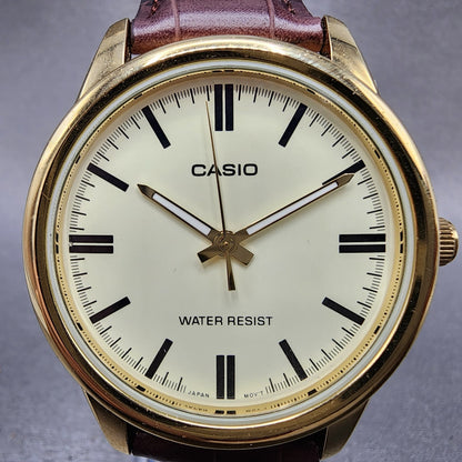 Casio MTPV005 Watch Men 40mm Cream Dial Gold Date Round Leather New Battery1