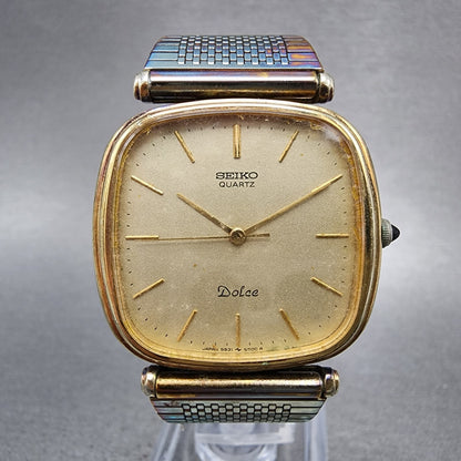 Seiko Dolce Watch Men 32mm Gold Dial Gold Plated Rectangle 59315400 New Battery0