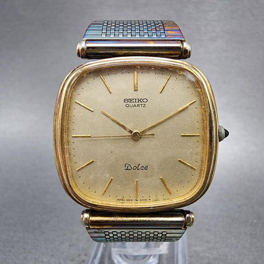Seiko Dolce Watch Men 32mm Gold Dial Gold Plated Rectangle 59315400 New Battery0