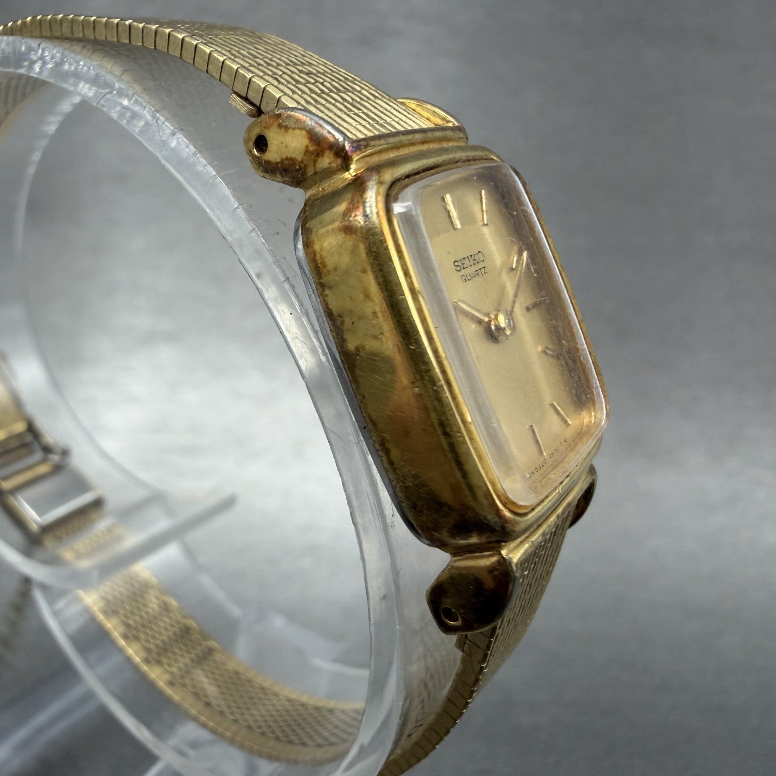 Seiko Tank Watch Women 17mm Champagne Dial Gold Tone 5420-5319 New Battery3