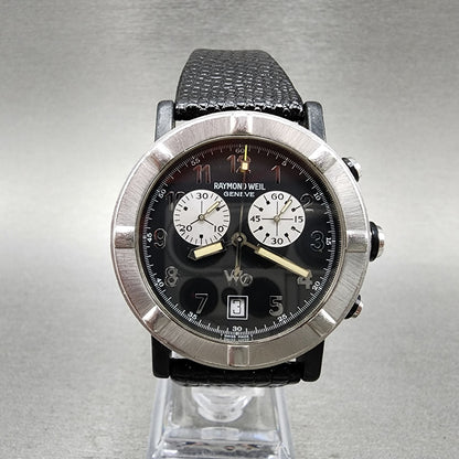 Raymond Weil W1 Chronograph Watch Men 38mm Black Dial Steel Date READ!! New Batt