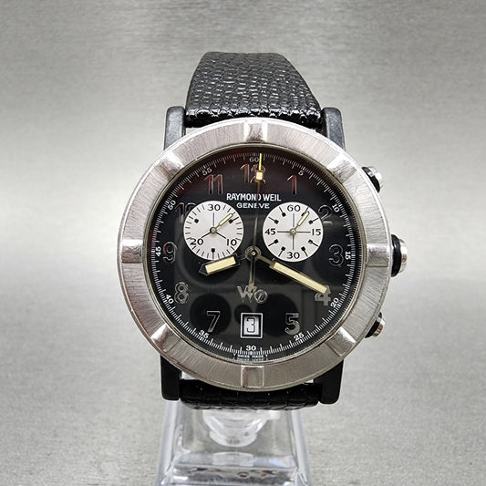 Raymond Weil W1 Chronograph Watch Men 38mm Black Dial Steel Date READ!! New Batt