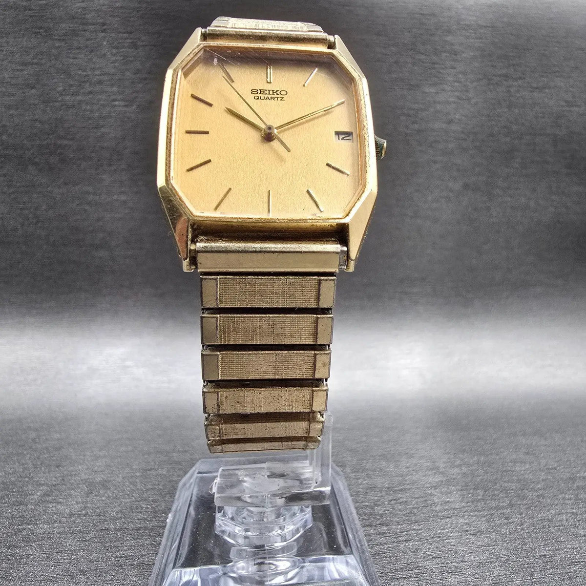 Seiko Watch Men 26mm Gold Dial Gold Tone Date Rectangle 6532-5310 New Battery5