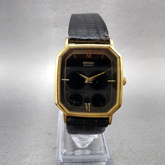 Seiko Watch Men 28mm Black Dial Gold Tone Octagon 65305210 New Battery0