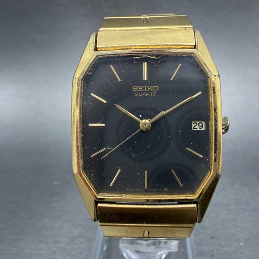 Seiko Watch Men 26mm Black Dial Gold Tone Date Octagon 6532-5310 New Battery HJ70