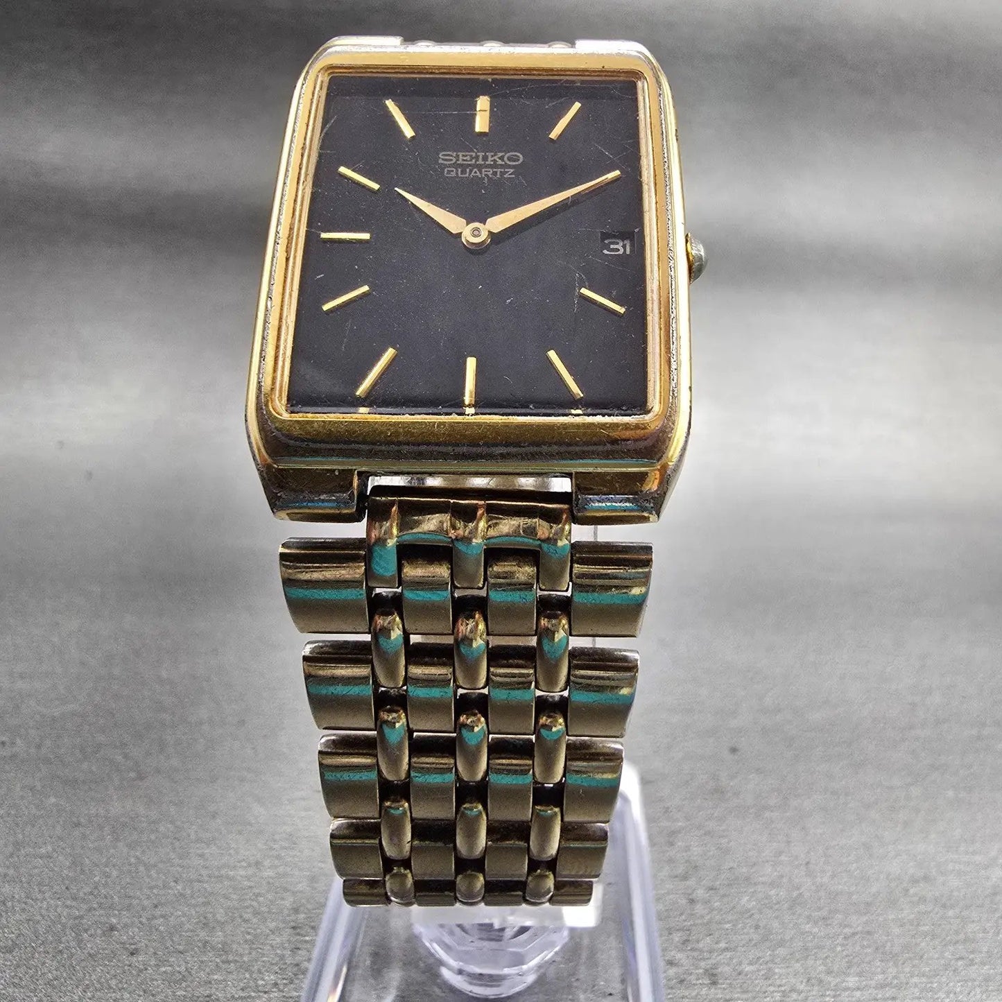 Seiko Tank Watch Men 27mm Black Dial Gold Tone Date Rectangle 7N29-5B29 New Batt5