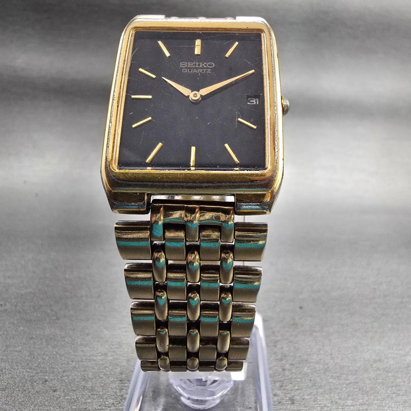 Seiko Tank Watch Men 27mm Black Dial Gold Tone Date Rectangle 7N29-5B29 New Batt5