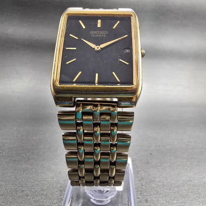 Seiko Tank Watch Men 27mm Black Dial Gold Tone Date Rectangle 7N29-5B29 New Batt5