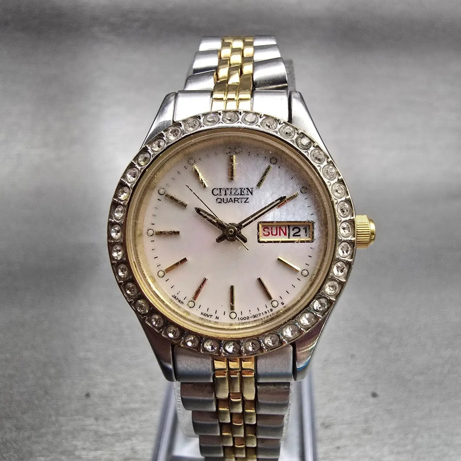 Citizen Watch Women 25mm MOP Dial Two Tone Daydate Gemmed 1002-S044464 New Batt0