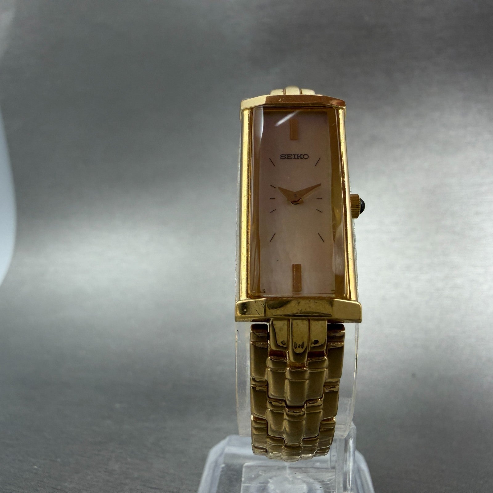 Seiko Tank Watch Women 14mm MOP Dial Gold Tone Rectangle 2e20-7609 New BatteryAB5