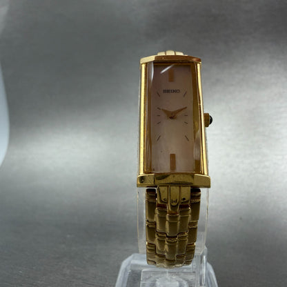 Seiko Tank Watch Women 14mm MOP Dial Gold Tone Rectangle 2e20-7609 New BatteryAB5