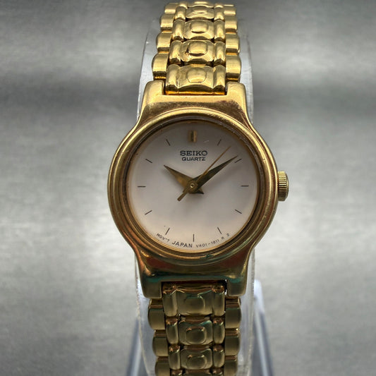 Seiko Watch Women 19mm White Dial Gold Tone Round V401-0518 Vintage New Battery0