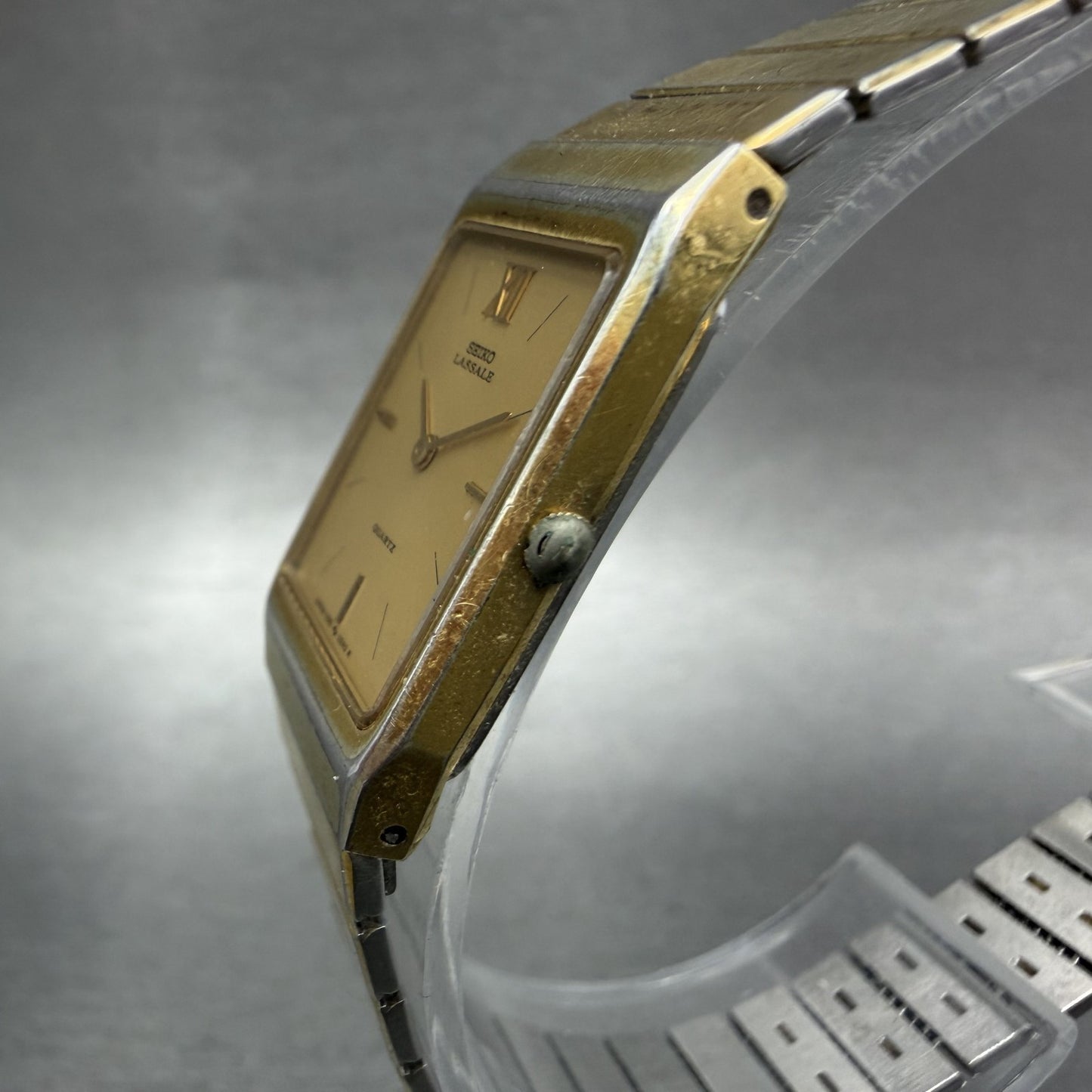 Seiko Lassale Tank Watch Women 18mm Champagne Dial Gold Tone 1230-5159 New Batt2