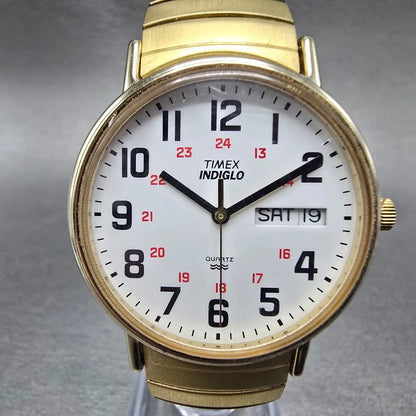 Timex Easy Reader Watch Men 35mm White Dial Gold Daydate Round New Battery0