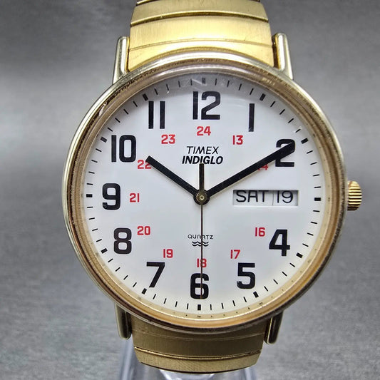 Timex Easy Reader Watch Men 35mm White Dial Gold Daydate Round New Battery0