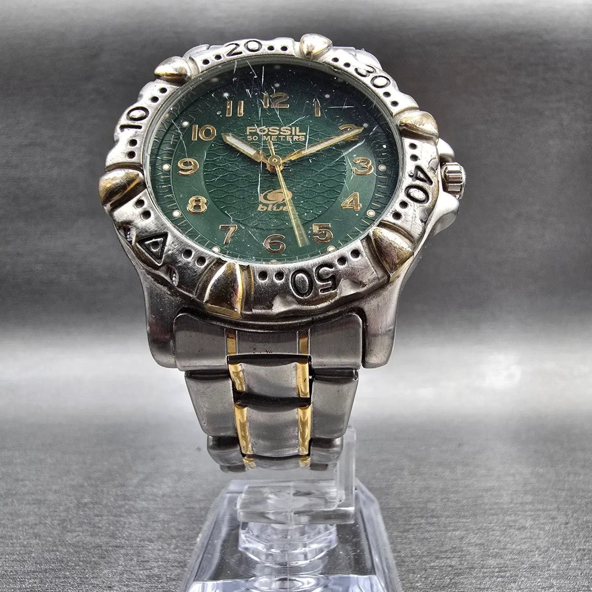 Fossil Blue Watch Men 40mm Green Dial Two Tone Round AM-3065 New Battery5