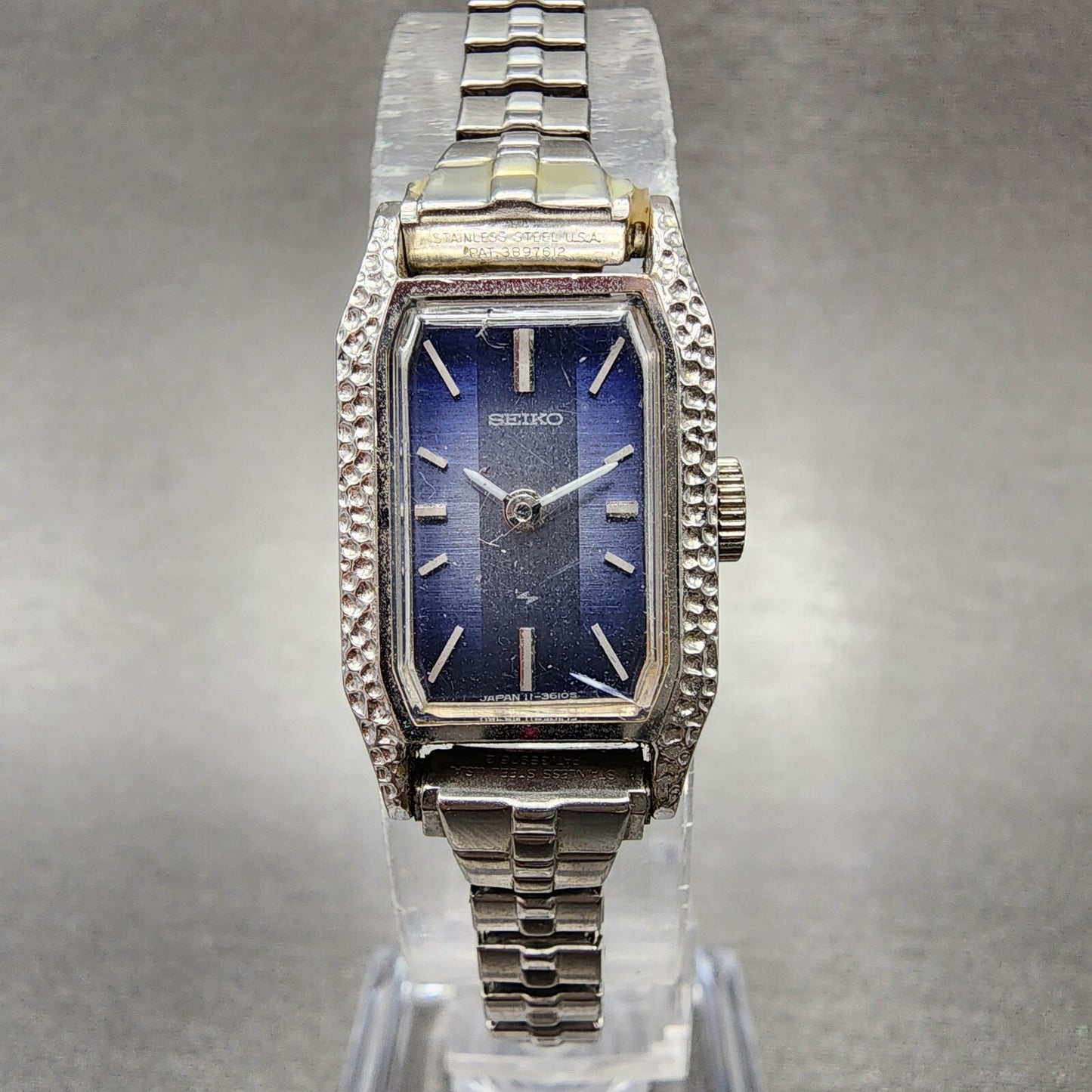 VTG Seiko Watch Women 15mm Blue Dial Silver Tone Manual Wind Rectangle Runs