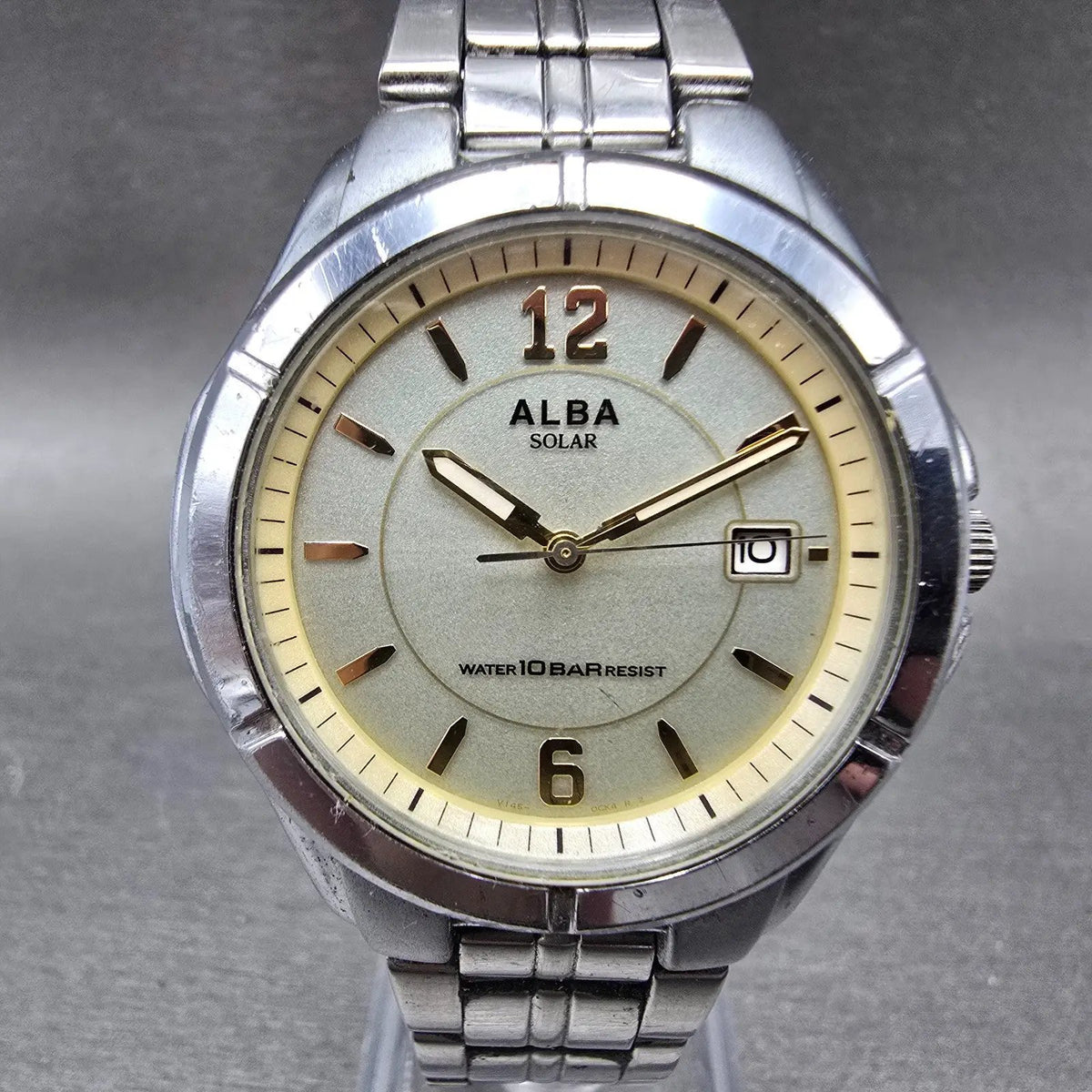 Seiko Alba Solar Watch Men 36mm Champagne Dial Silver Tone Date V145-0BE0 Runs0