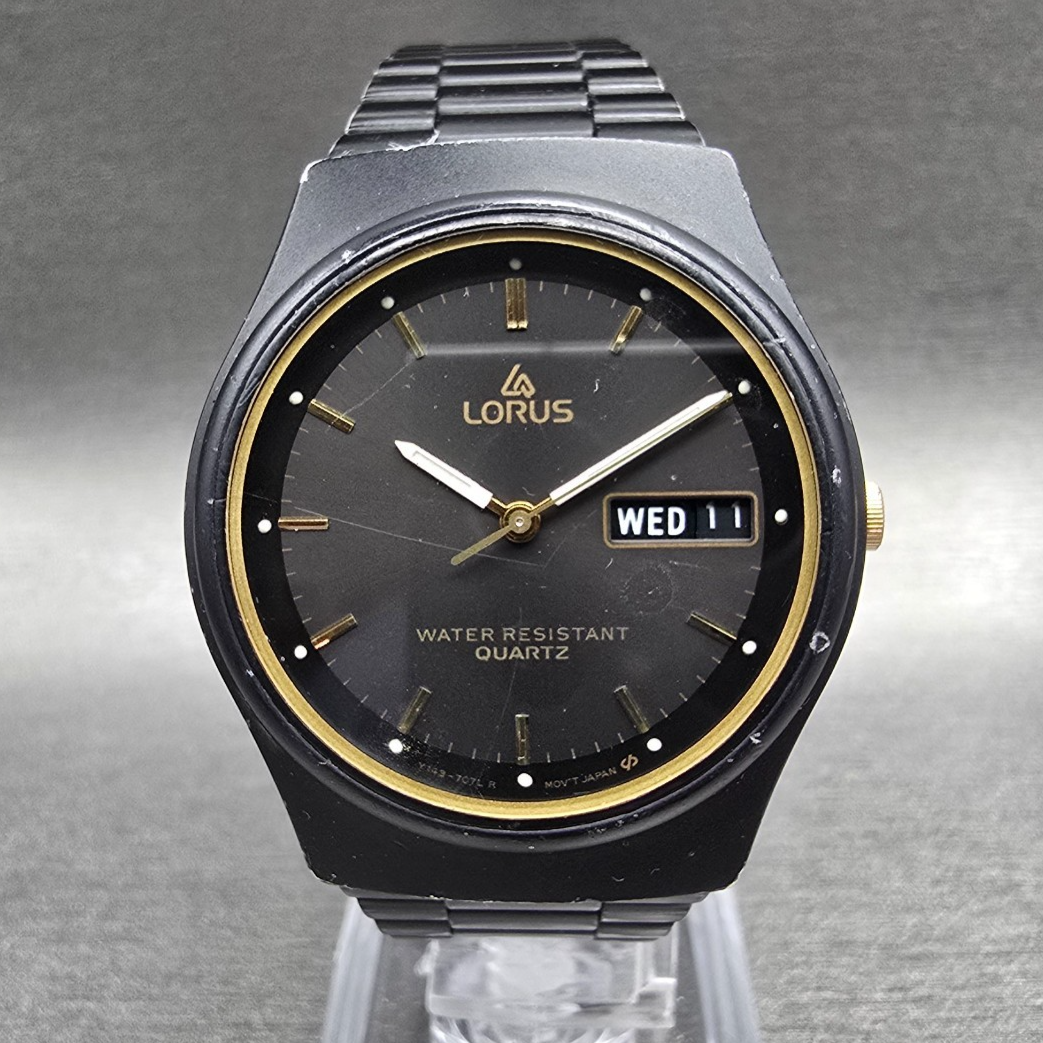Seiko Lorus Watch Men 34mm Black Dial Black Tone Daydate Round Y143-7040 New Bat0