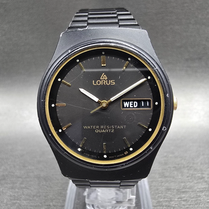 Seiko Lorus Watch Men 34mm Black Dial Black Tone Daydate Round Y143-7040 New Bat0