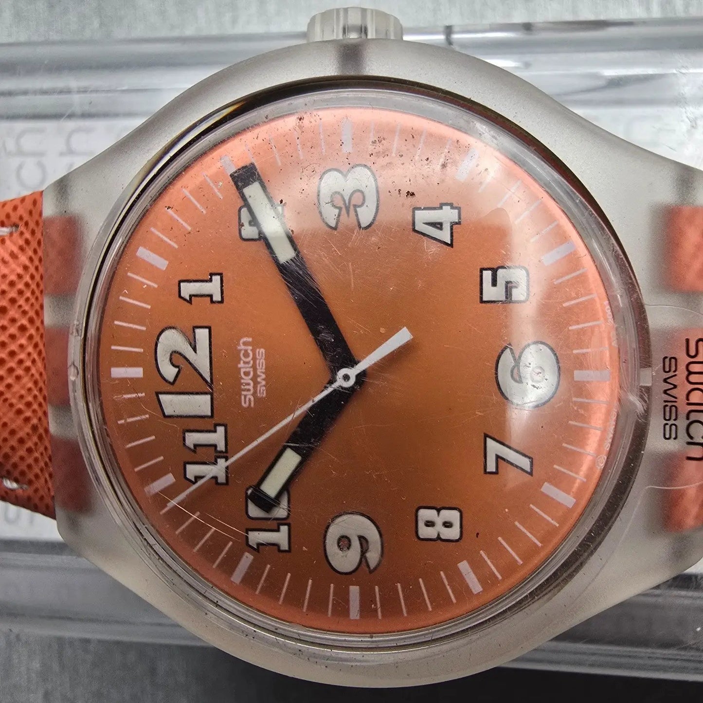 Swatch Squeezed Pumpkin Watch Men 44mm Orange Dial Clear Case SUDK102 New Batt1