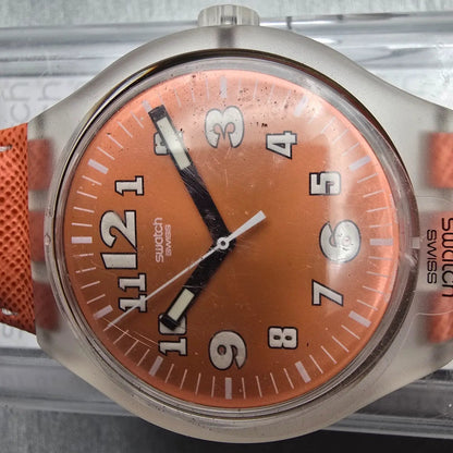 Swatch Squeezed Pumpkin Watch Men 44mm Orange Dial Clear Case SUDK102 New Batt1