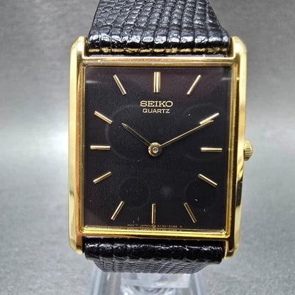 Seiko Tank Watch Men 25mm Black Dial Gold Rectangle 5Y30-5069 New Battery JP21