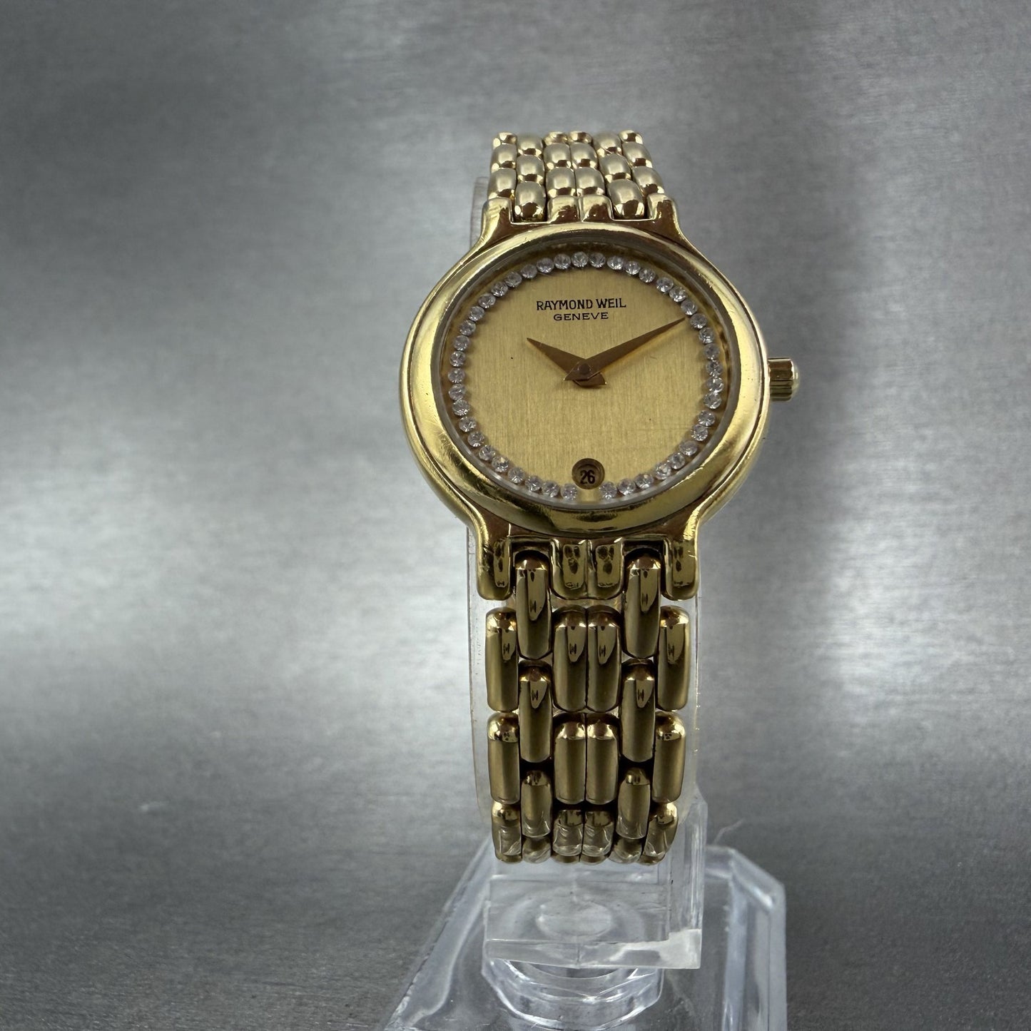 Raymond Weil Watch Women 24mm Champagne Dial Gold Plated Date Round 9946 New Bat5