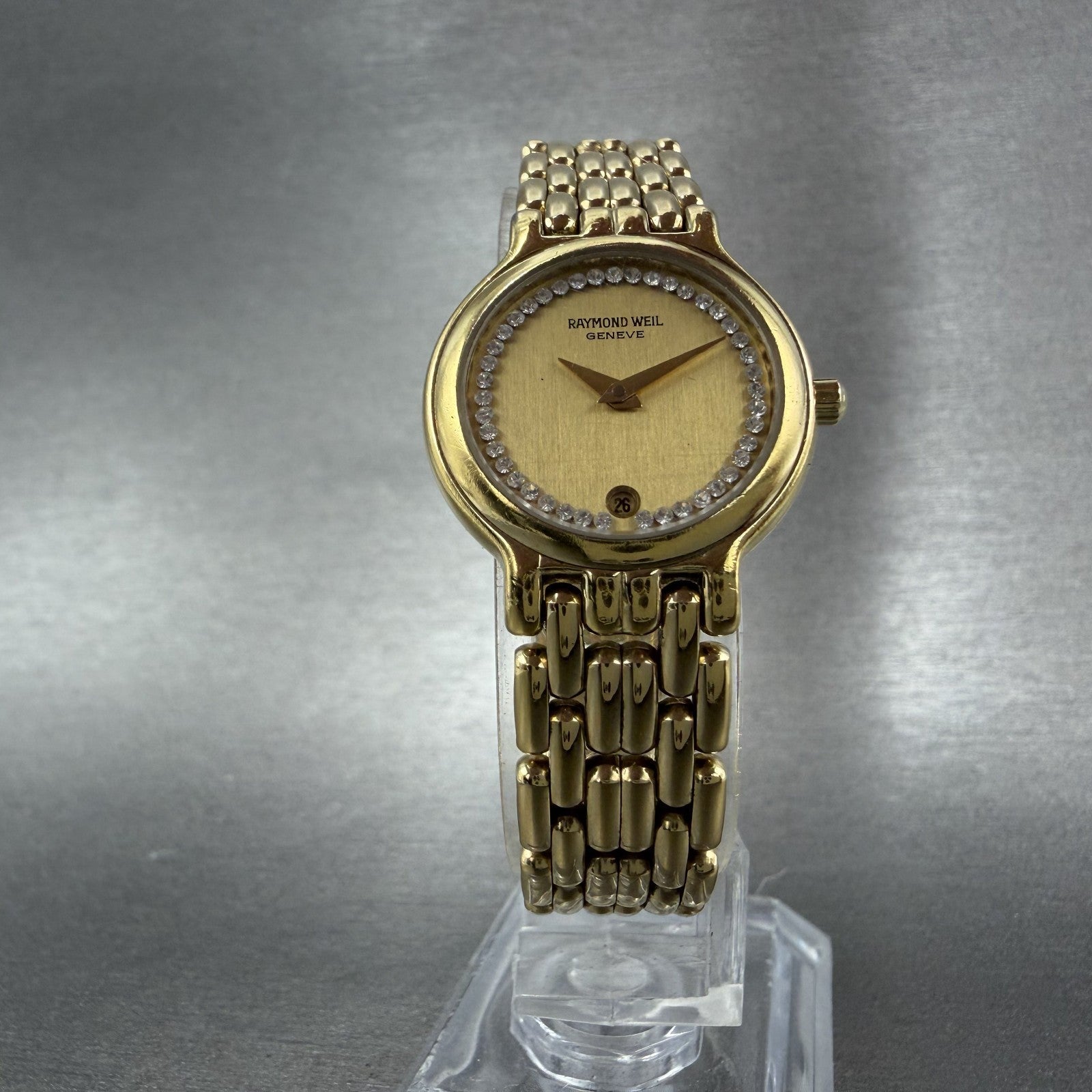 Raymond Weil Watch Women 24mm Champagne Dial Gold Plated Date Round 9946 New Bat5
