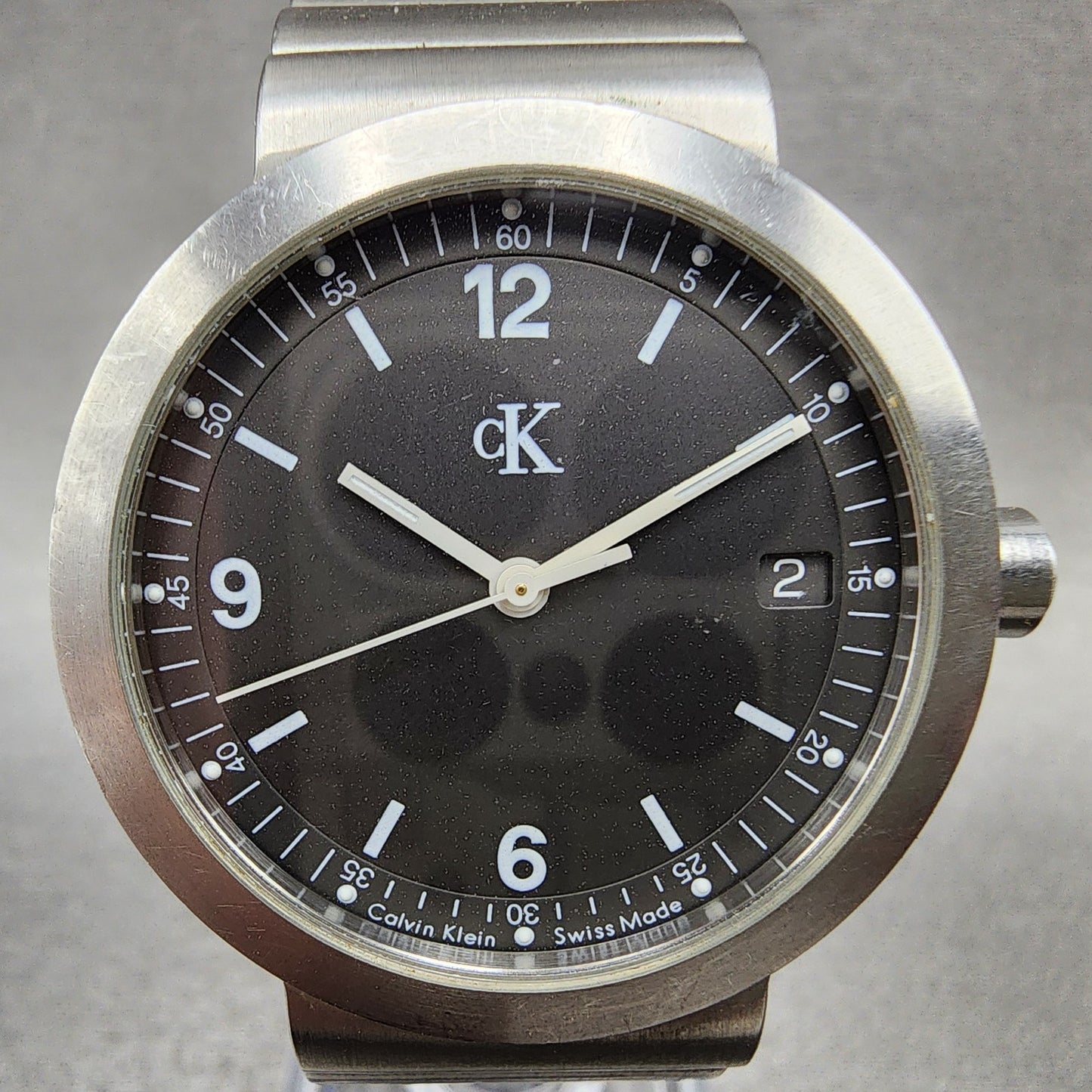 Calvin Klein Watch Men 34mm Gray Dial Stainless Steel Date Round New Battery0