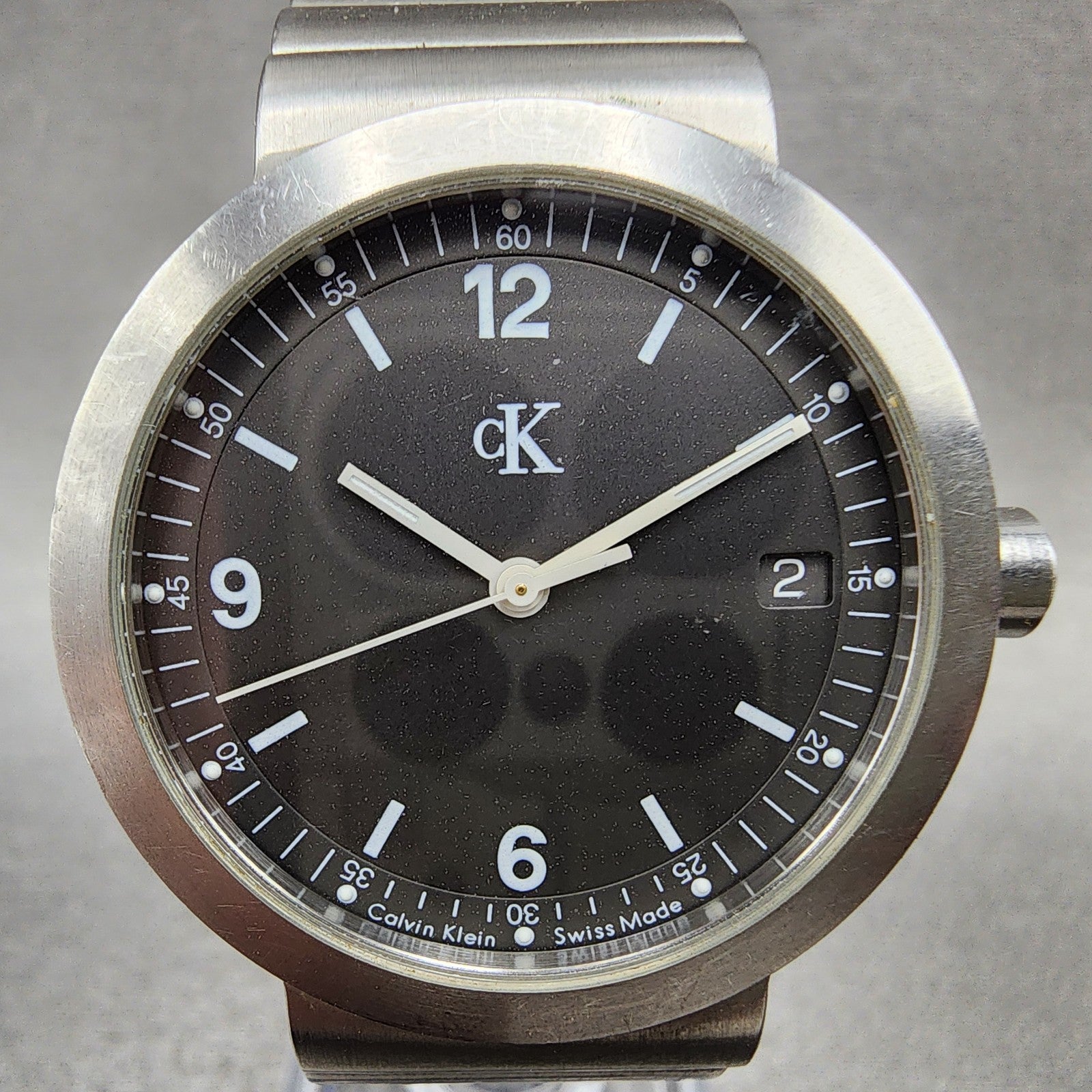 Calvin Klein Watch Men 34mm Gray Dial Stainless Steel Date Round New Battery0