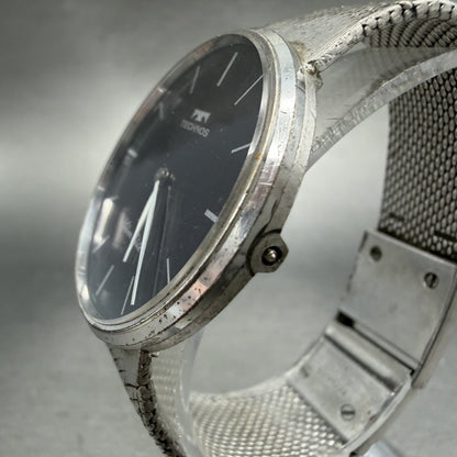 Technos Silver Elite Watch Men 33mm Black Dial Sterling Silver 925 Round PARTS3