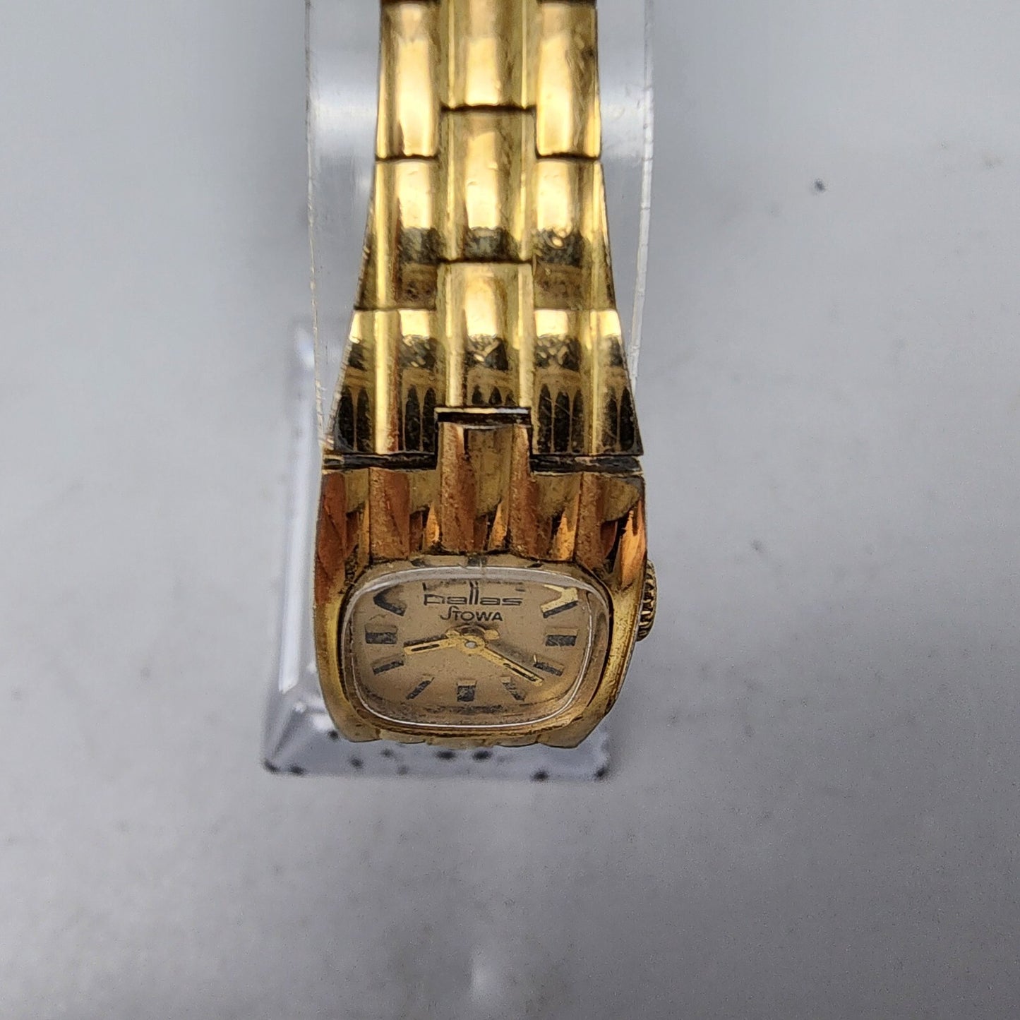 Stowa Pallas Watch Women Gold Tone Gold Dial 16mm Rectangle Manual Wind Runs