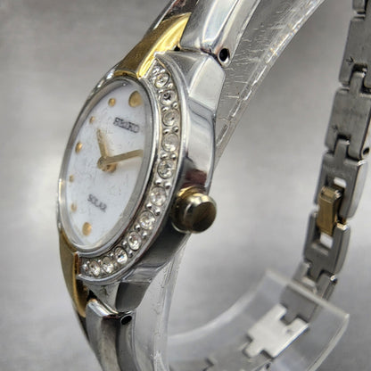 Seiko Solar Watch Women 22mm MOP Dial Two Tone Crystal Bezel Round V1140AF0 Runs2