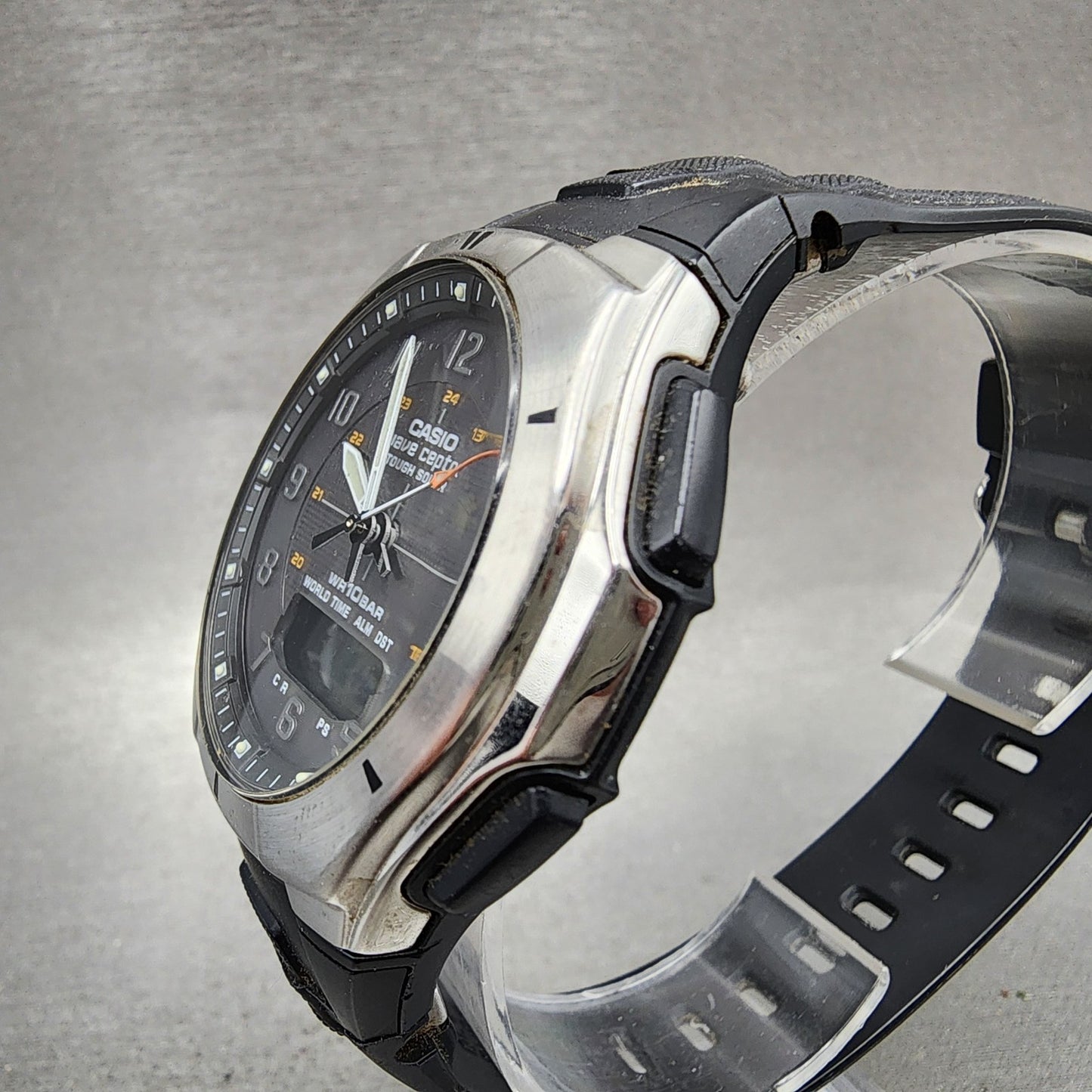 Casio Wave Ceptor Watch Men 42mm Black Dial Silver Tone Analog Digital Solar AB12