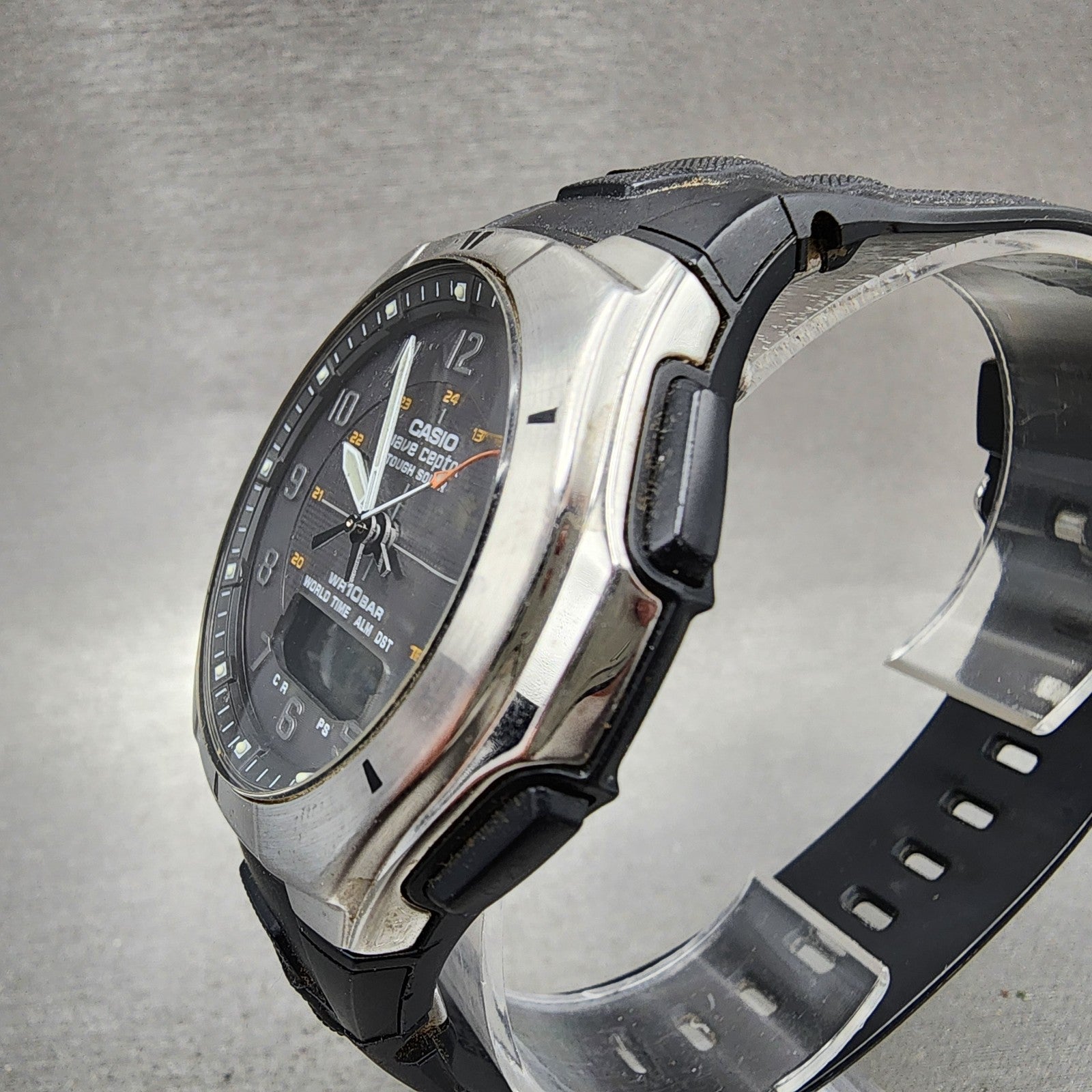 Casio Wave Ceptor Watch Men 42mm Black Dial Silver Tone Analog Digital Solar AB12